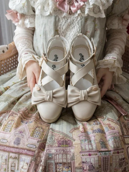 Platform Off-white Lolita Shoes - Crisscross Design & Top Bow
