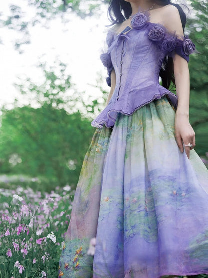 Purple Flounce Hem Boned Corset Top with Detachable Floral Adornments