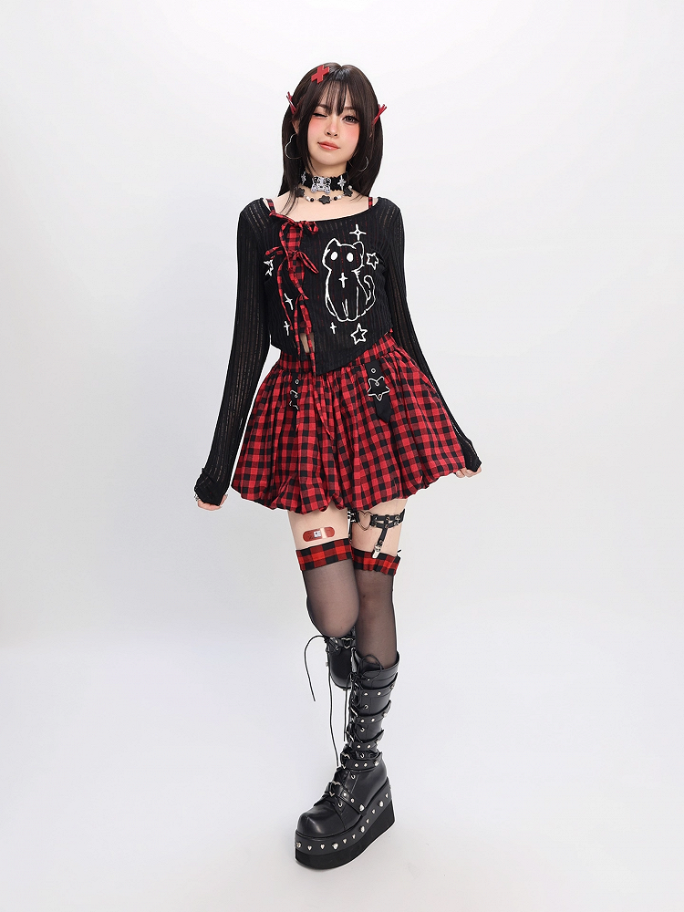 Y2K Star Buckles Black & Red / Black & Gray Plaid Bubble Skirt
