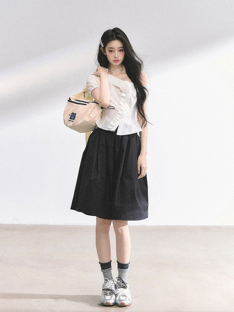 Black/Navy Blue A-line Knee Length Skirt