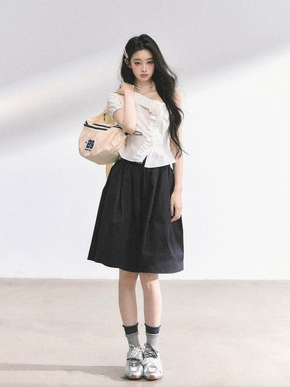 White Asymmetrical Foldover Collar Lace Trim Floral Decoration Short Sleeves Shirt