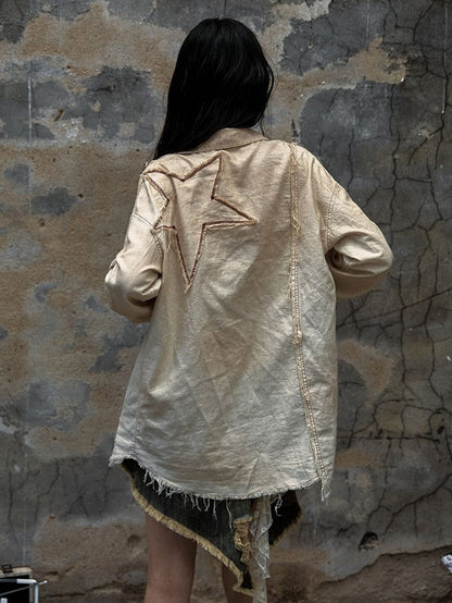 Beige Star Patch Punk Studs Faded Wash Shirt Frayed Hem