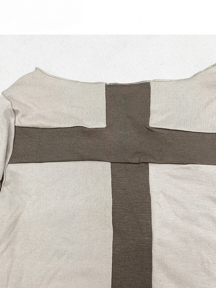 Apricot Cross Design Asymmetrical Neckline Long Sleeves Top