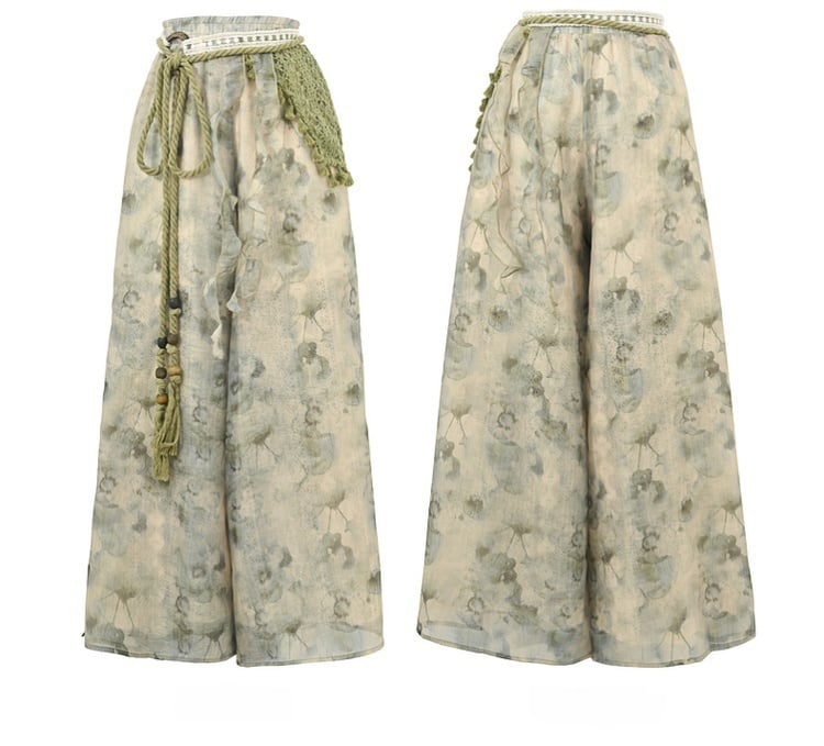 Mori Kei Green Tie Dye Wide-Leg Pants with Detachable Knitted Accessory Regular/Short Version