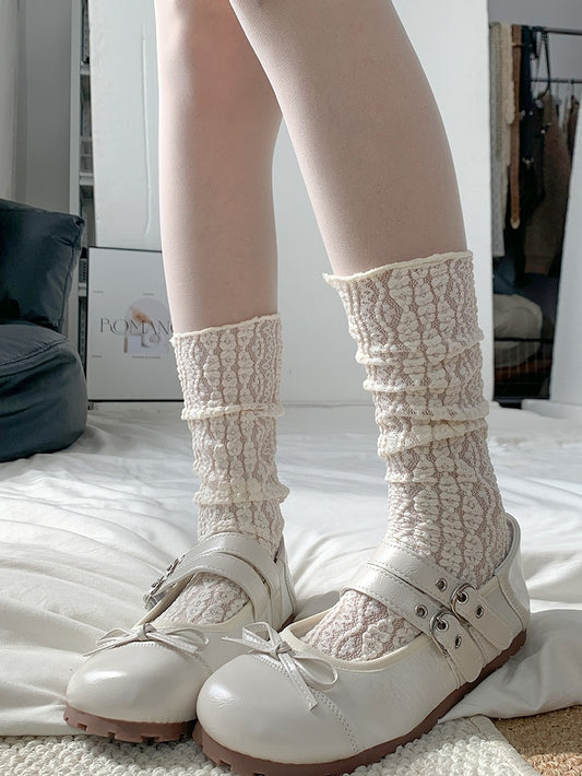 Beige Floral Embroidery Calf Socks
