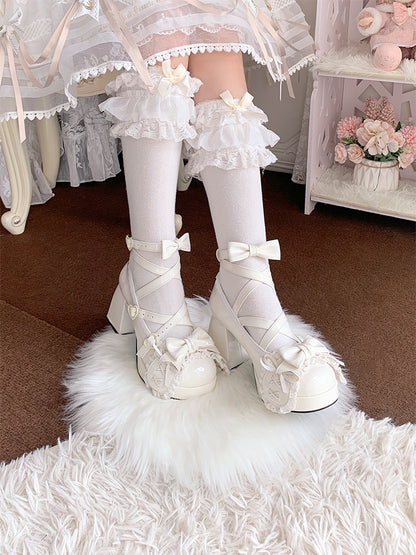 Beige Crisscross Design Bunny Ear Bowknot Sweet Lolita 8CM High Block Heels