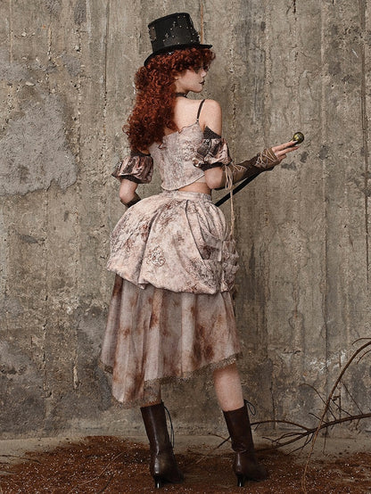 Tie Dye Jacquard Victorian Cascading Ruffle Trim High-low Skirt