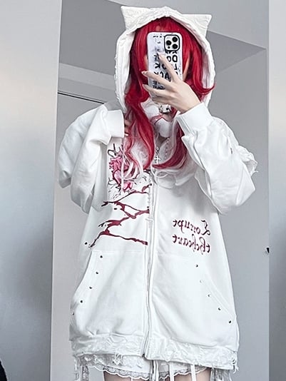 White Guro Kawaii Heart And Letter Print Studs Decorated Cat Ear Zip-up Hoodie