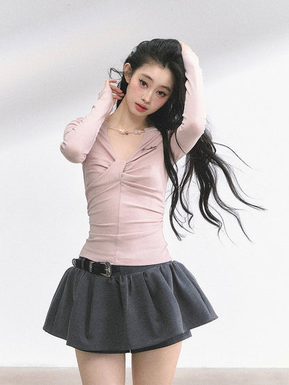 Light Pink Bead Details Neckline Ruched Design Top