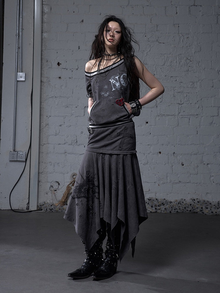 Asymmetrical Neckline Gray/White Wasteland Punk Distressed Dress with Detachable Handkerchief Hem