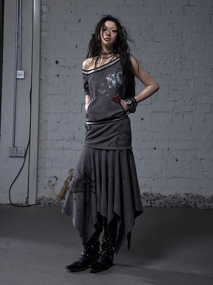 Asymmetrical Neckline Gray/White Wasteland Punk Distressed Dress with Detachable Handkerchief Hem