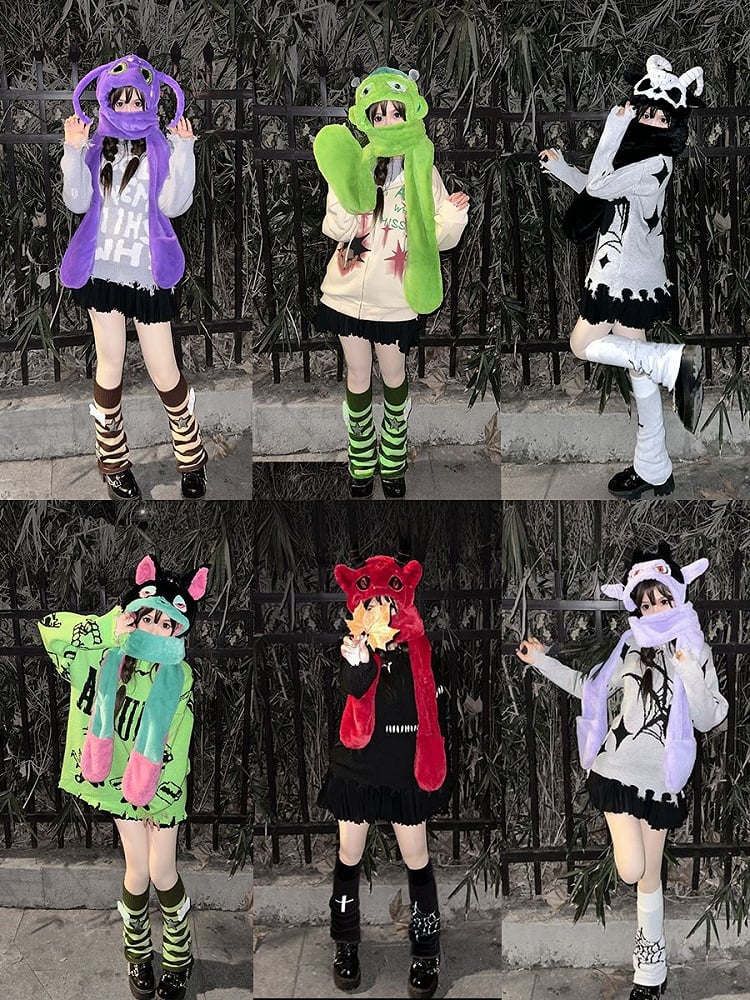 Black and White Grim Reaper Scarf Gloves and Hat All-in-one with Horns