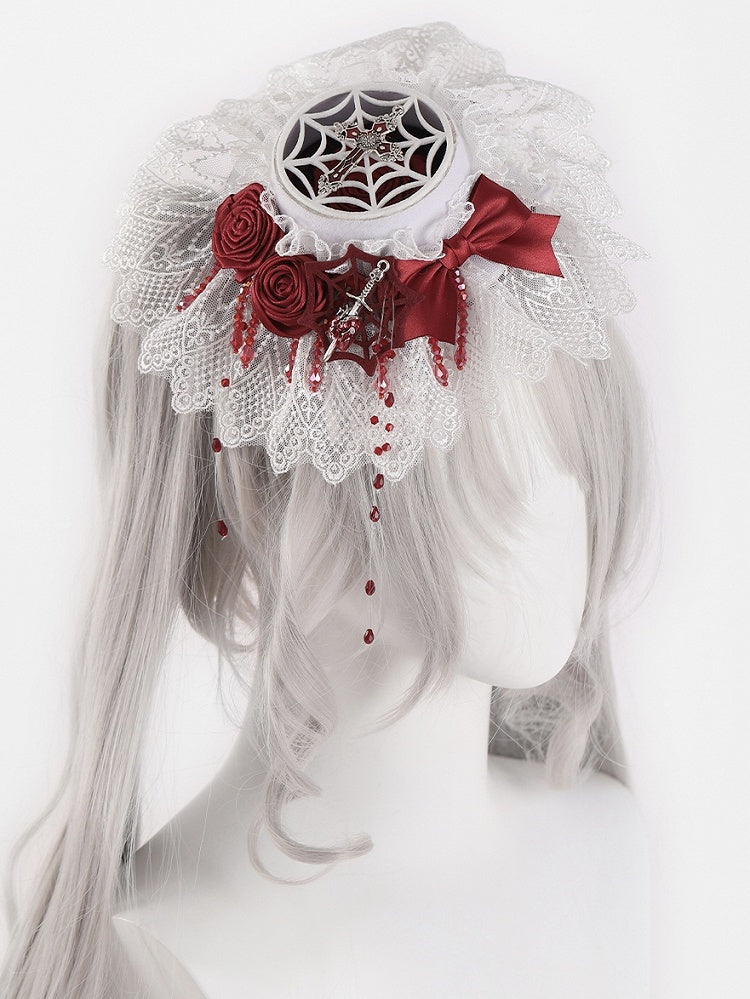 Gothic Cross and Sword White and Red Rosettes Bowknot Mini Flat Hat with Beads