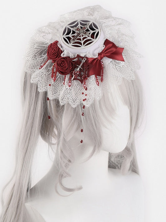 Gothic Cross and Sword White and Red Rosettes Bowknot Mini Flat Hat with Beads