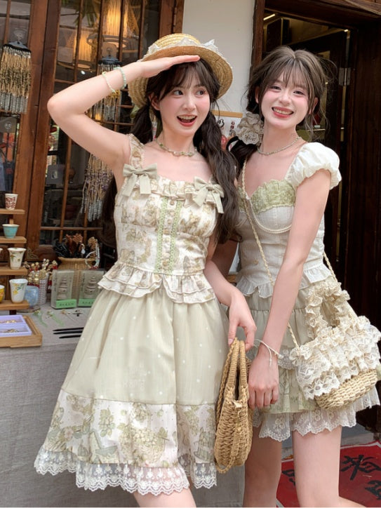 Light Green Vintage Grape Print Sleeveless Top with Detachable Bowknots