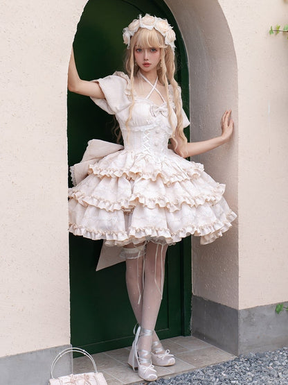 Champagne Princess Corset Waist Dress Ruffle Skirt Lolita OP with Big Bow at Back