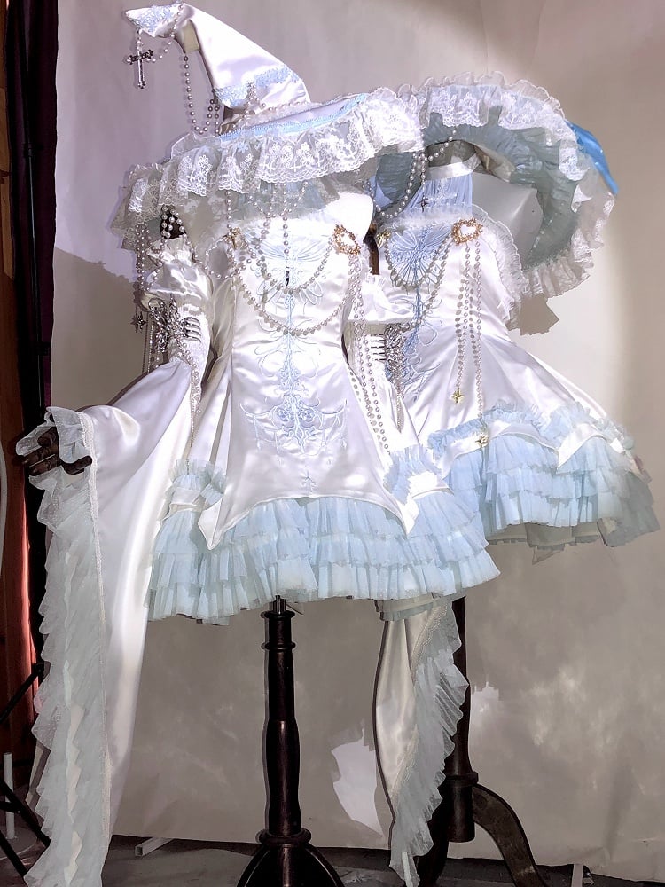 Blue and White Cross Illusion Halter Neck Witch Lolita Backless Dress Gothic JSK Halloween Outfit