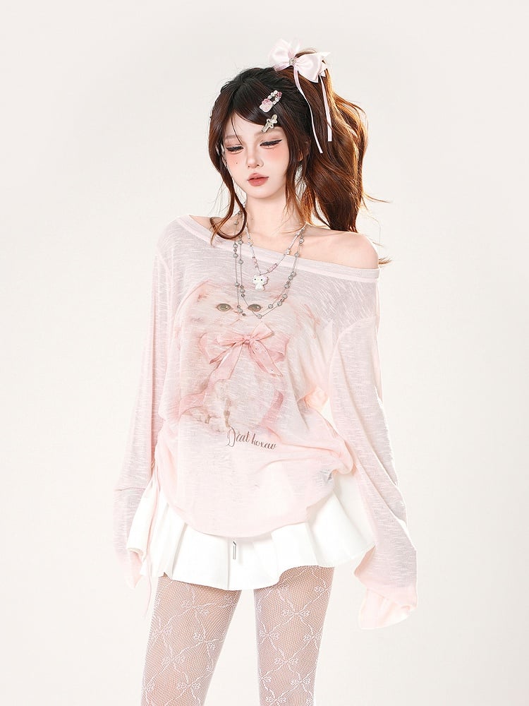 Adorable Kitten Print Asymmetrical Neckline Pink Semi-sheer Coverup