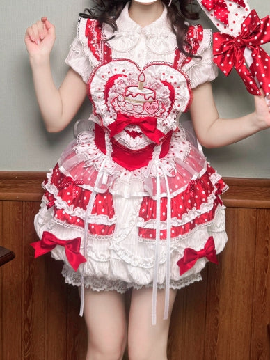 White and Red Polka-dot Cake Embroidery Sweet Lolita Overall Dress Big/Small Bubble Skirt