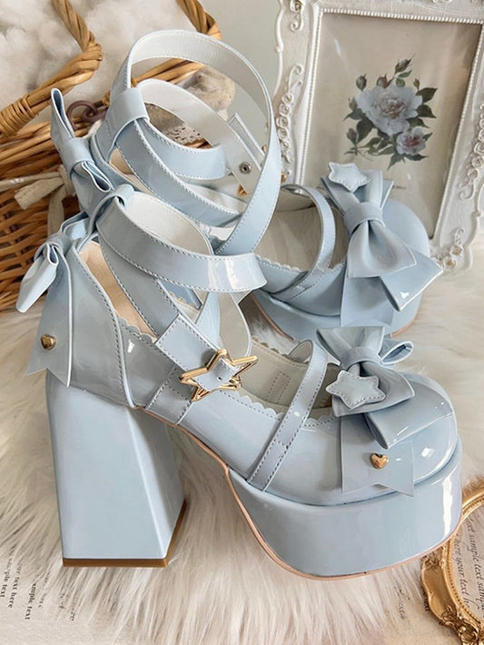 Blue Bow at Top Crisscross Design Sweet Lolita Platform High Block Heels
