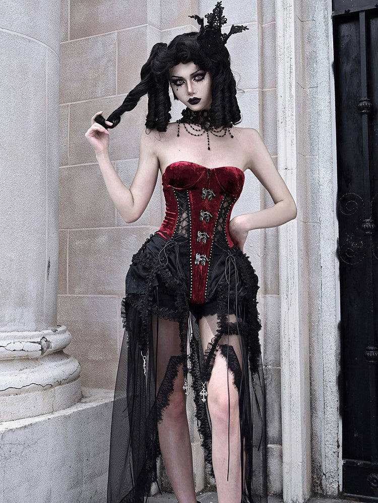 Gothic Vampire Black and Wine Red Birdcage Skirt and Bustier Corset Set