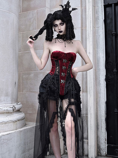 Gothic Vampire Black and Wine Red Birdcage Skirt and Bustier Corset Set