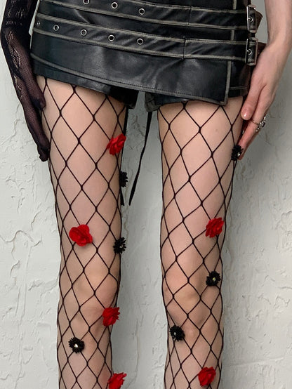 Black Y2K Floral Details Fishnet Tights