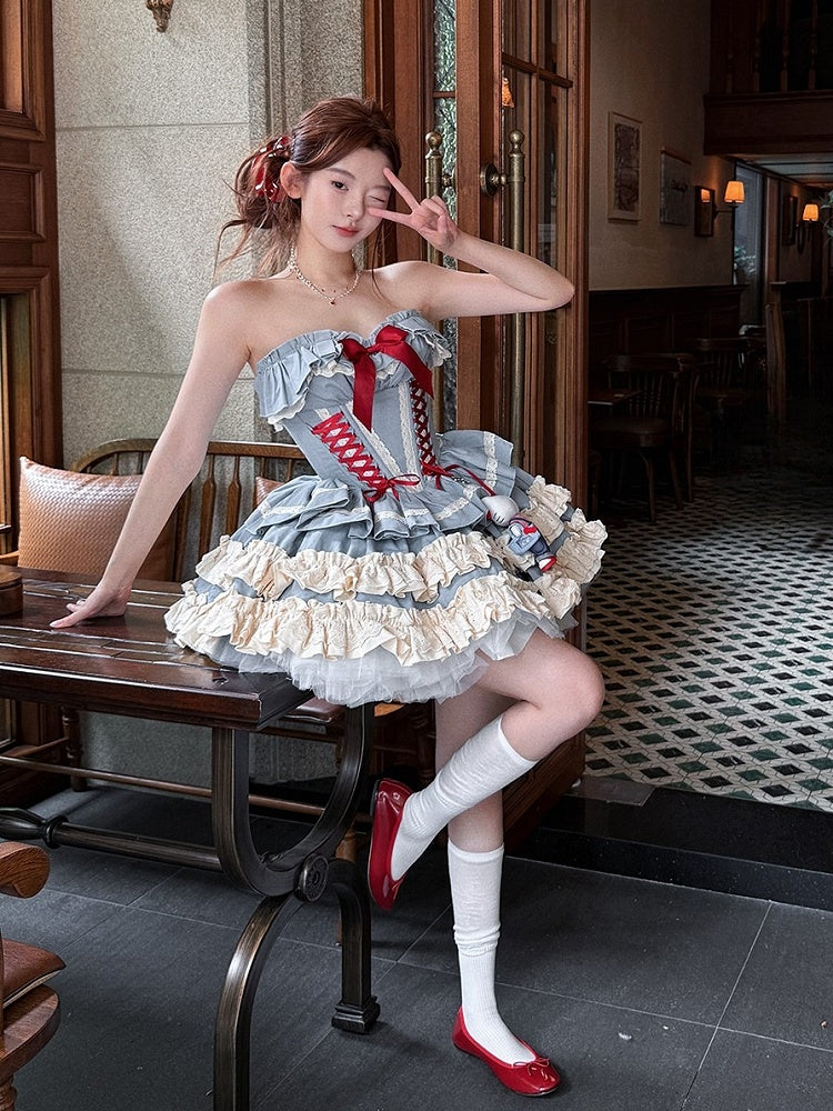 Blue Sweet Lolita Lace-up Boned Corset Top + Skirt + Bolero Full Set