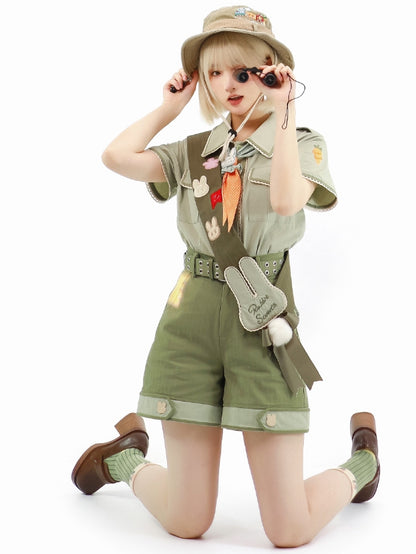 Bunny Ouji Full Set - Shirt with Carrot Tie + Shorts + Skirt with Waist Belt and 2 Plush Tails