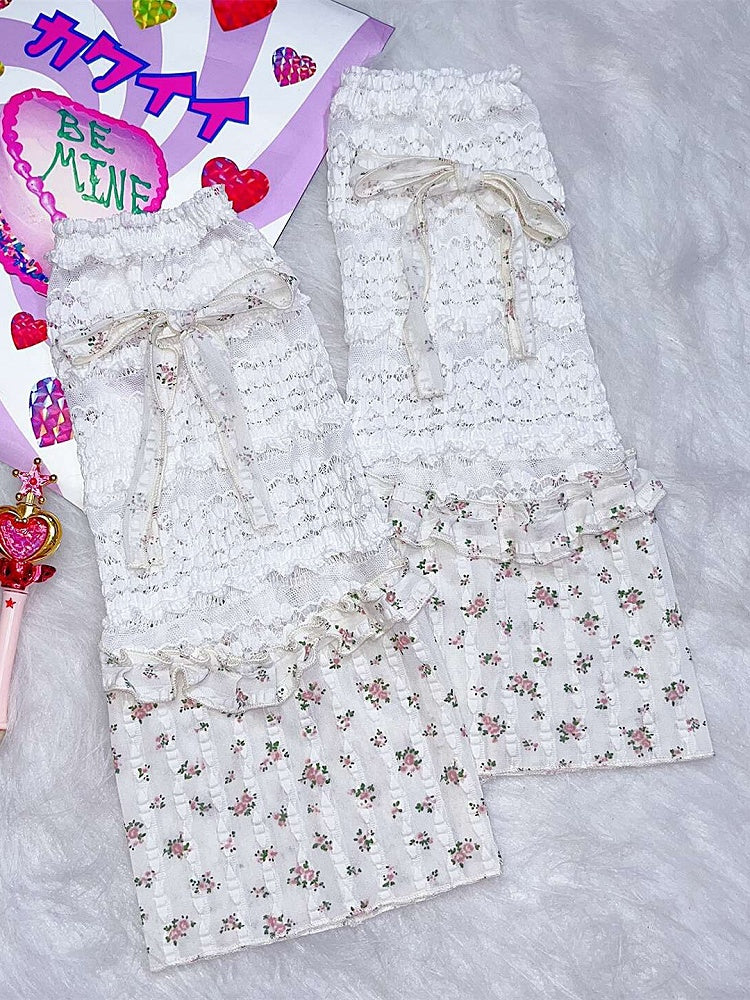 White Y2K Bowknot Details Floral Pattern Ruffles Trim Leg Sleeves