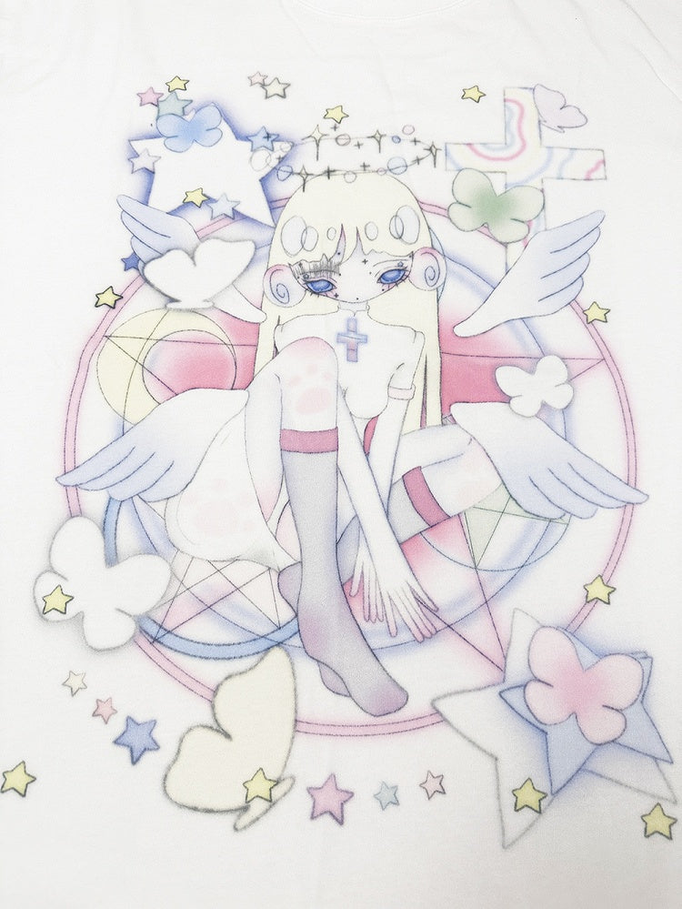 Anime Girl Print White Round Neck Loose Cotton T-shirt