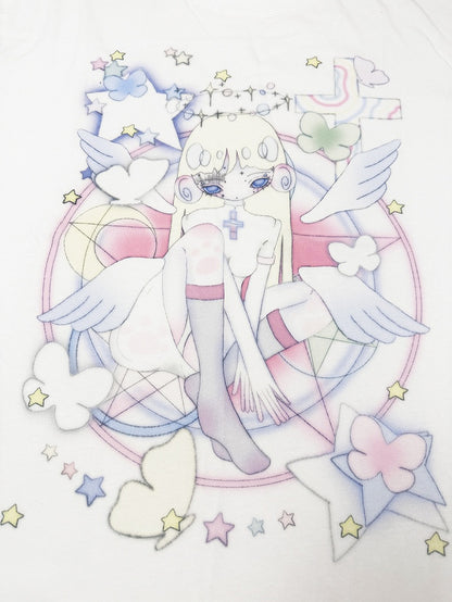 Anime Girl Print White Round Neck Loose Cotton T-shirt