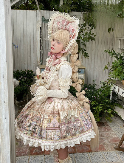 Cream-colored Flutter Sleeves Sweet Lolita JSK Dress with Fairytale Town Print and Bow Accents