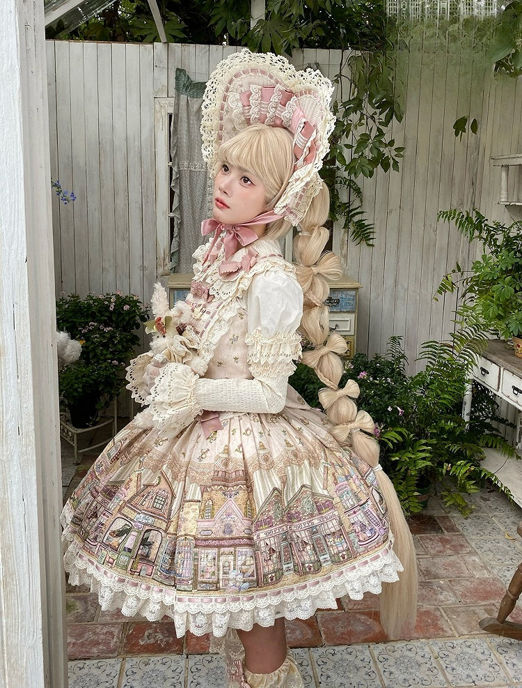 Cream-colored Flutter Sleeves Sweet Lolita JSK Dress with Fairytale Town Print and Bow Accents