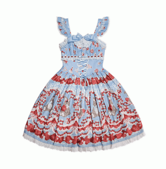 Strawberry and Bunny Print Lace-up Front Blue Cottagecore Country Lolita Dress Flutter Sleeves Jumper Skirt