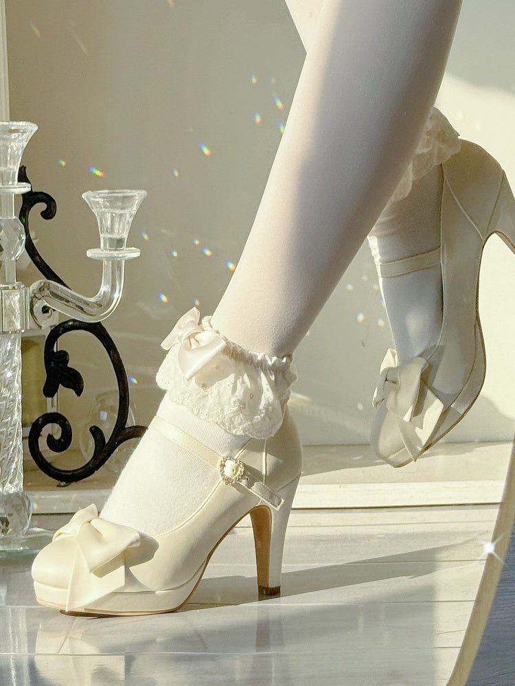 Elegant Creamy White Lolita Stilettos - Crystal Embellished Heart Buckle & Top Bow