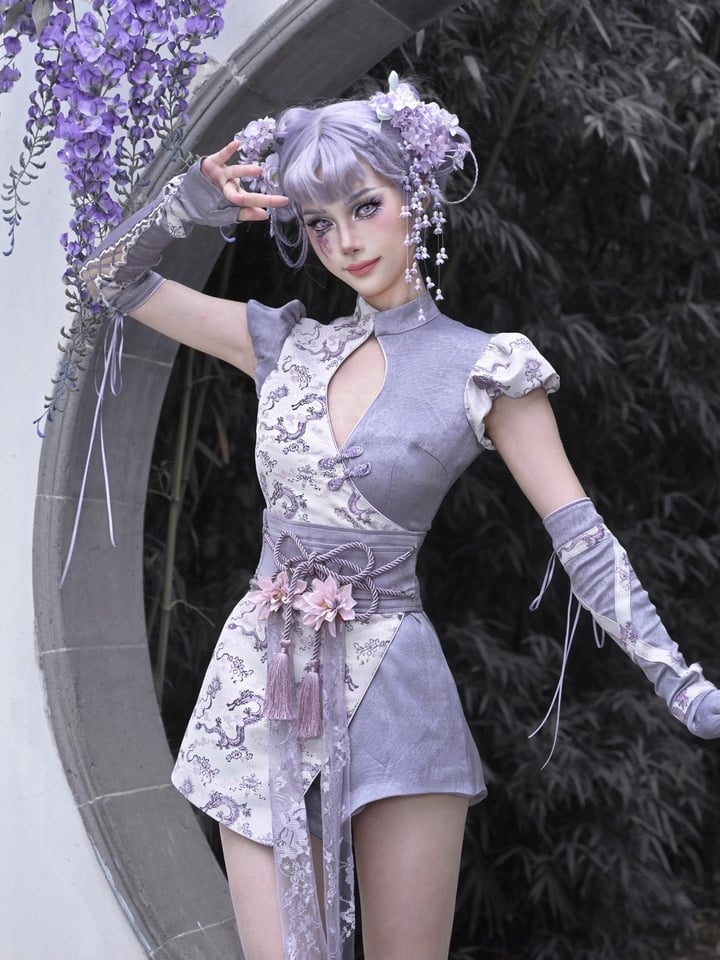 Purple Puff Sleeves Cutout Short Qipao Dress Shorts Lined