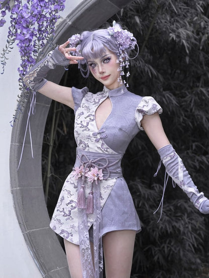 Purple Puff Sleeves Cutout Short Qipao Dress Shorts Lined