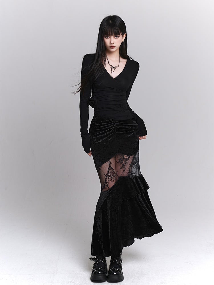 Gothic Black Velvet Contrast Lace Patches Ruched Design Mermaid Skirt