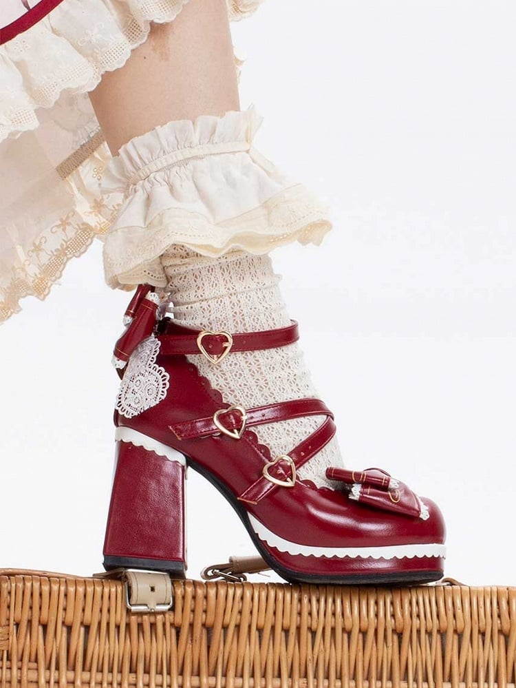 Red Crisscross Design Heart Buckles Detachable Bow at Top High Block Heels