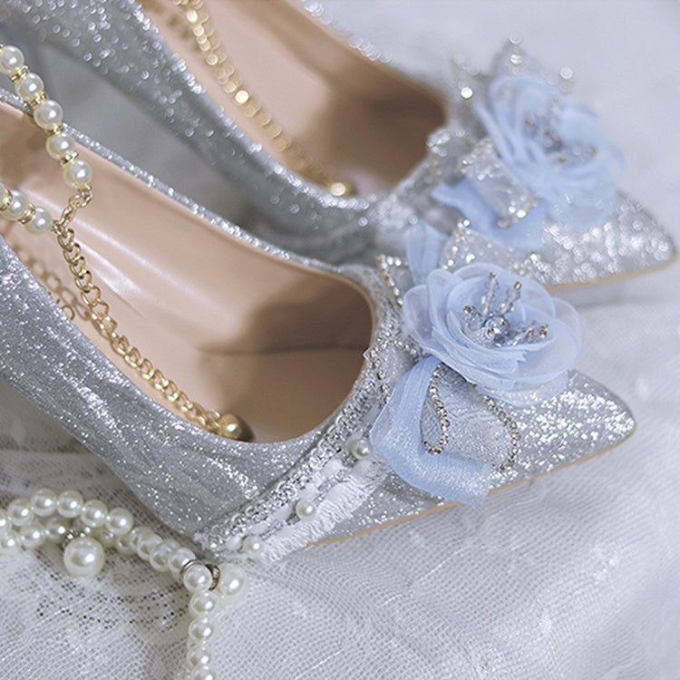 Silver & Light Blue Glittering Floral Bownknot Detachable Beaded Chain Hime Lolita High Heels