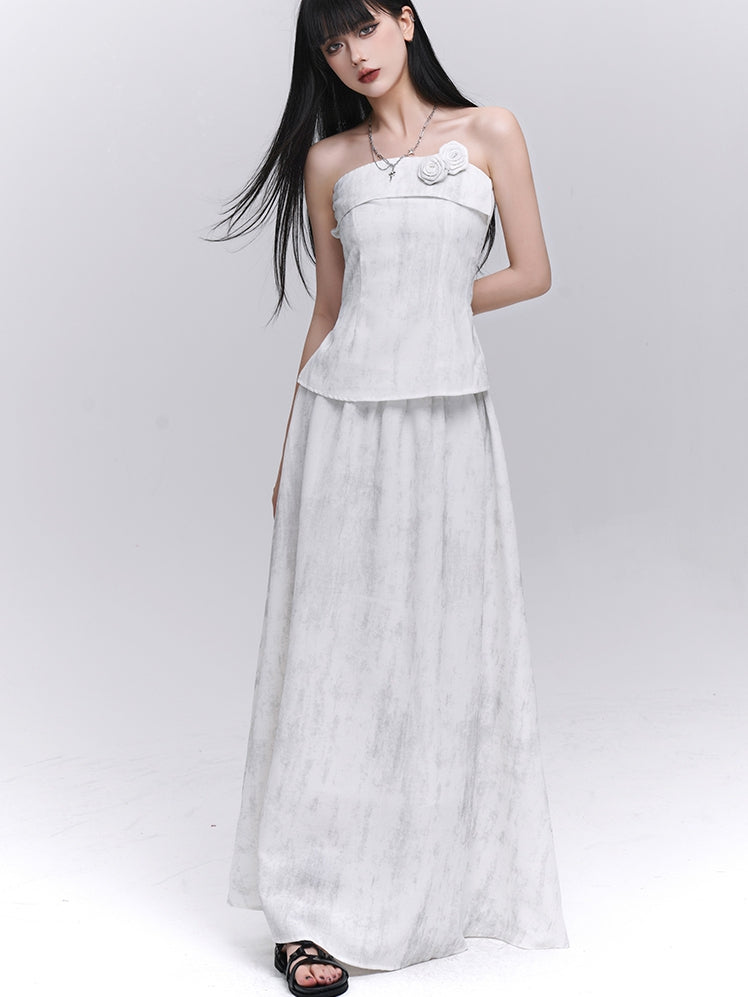 Off-white Floral Embellished Strapless Top / Elastic Waist Skirt