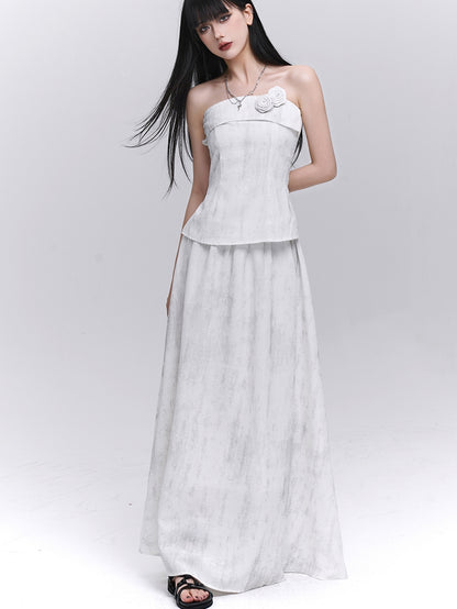 Off-white Floral Embellished Strapless Top / Elastic Waist Skirt