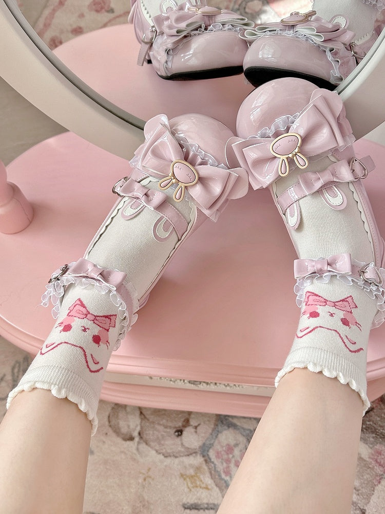 Pink White Kitty Print Lolita Ankle Socks