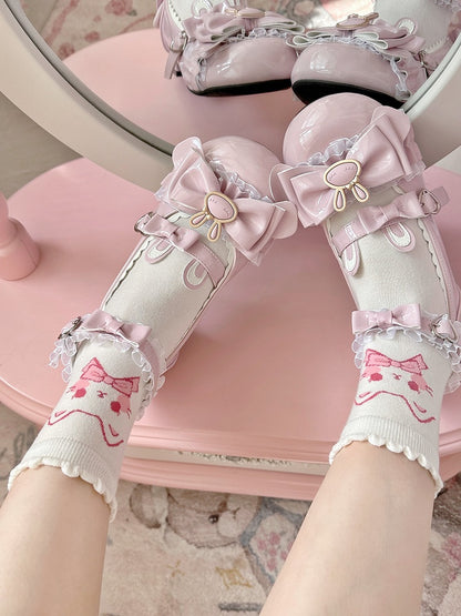 Pink White Kitty Print Lolita Ankle Socks