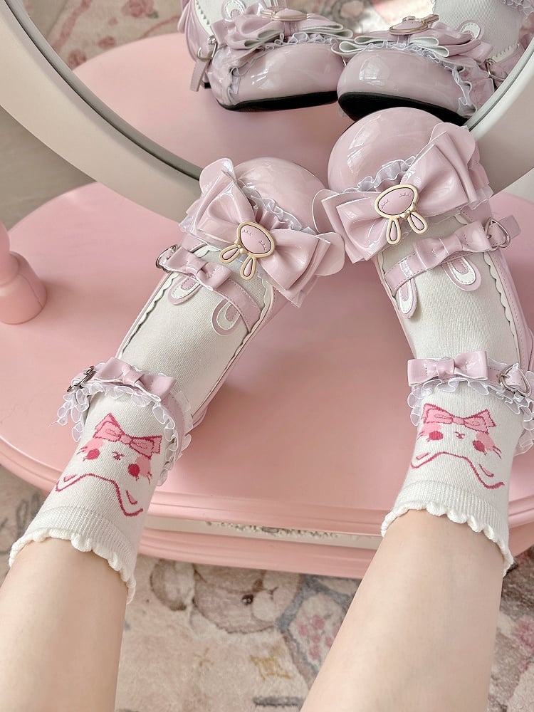 Pink White Kitty Print Lolita Ankle Socks