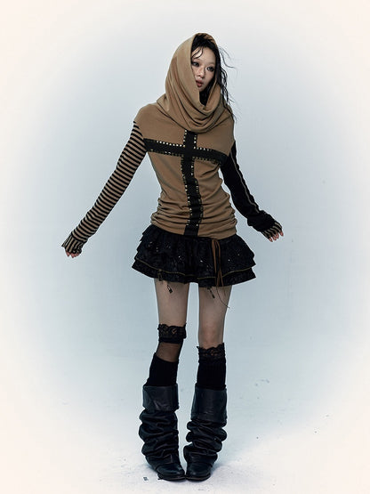 Black&Brown/Red&Black Striped Sleeves Top with Cross Design