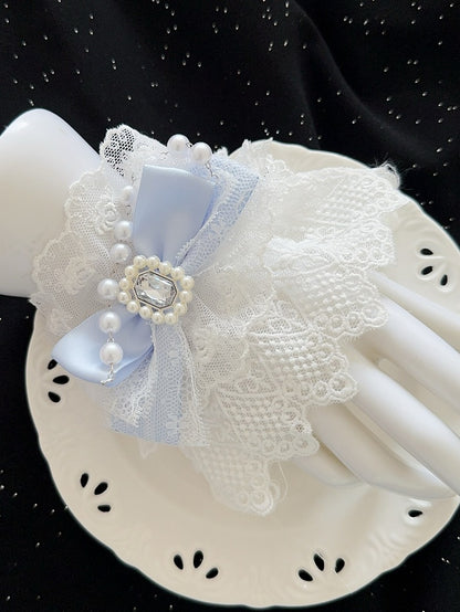 5 Color Options Beaded Charm Rhinestone Decorated Bowknot Lace Wrist Cuffs