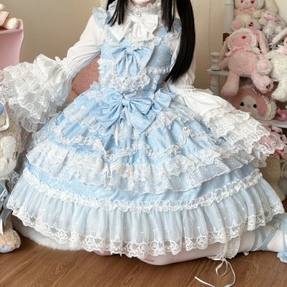 White Lace Trims Blue Bows Decorated Hanayome Dress Lolita Jumper Skirt