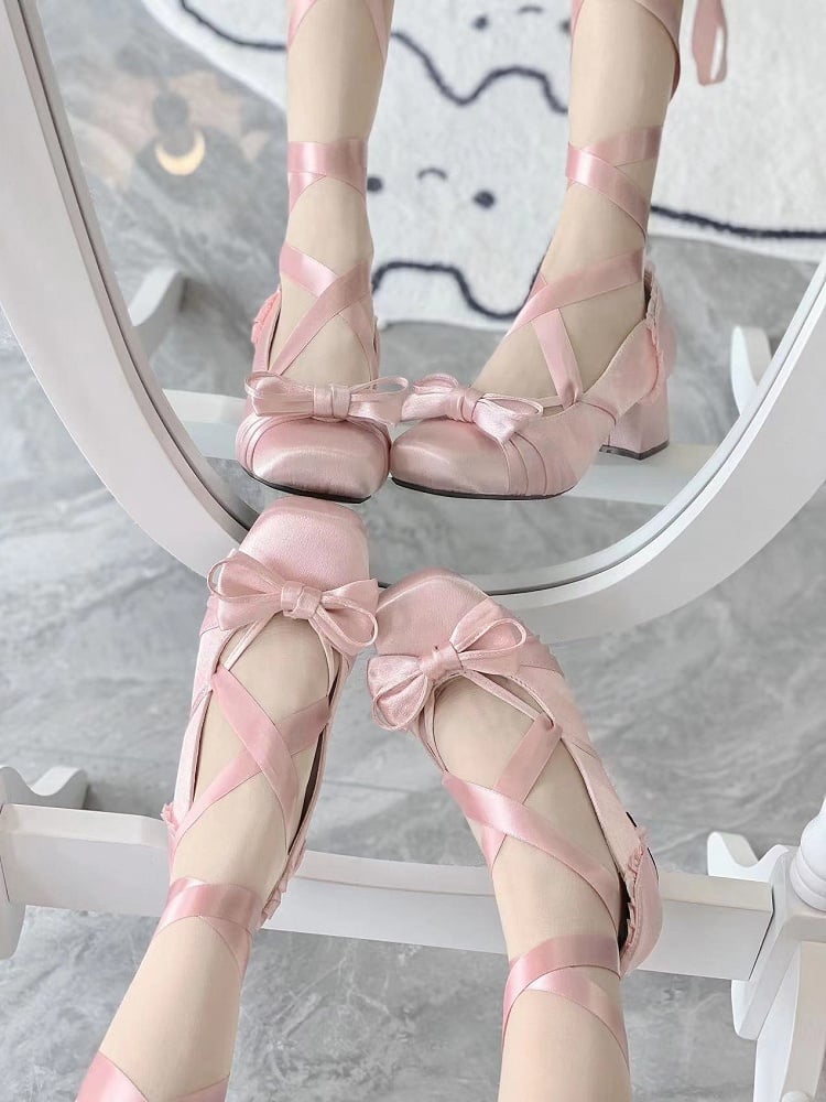 Pink Elegant Bow at Top Mary Janes With Dual Detachable Buckle Ankle Straps